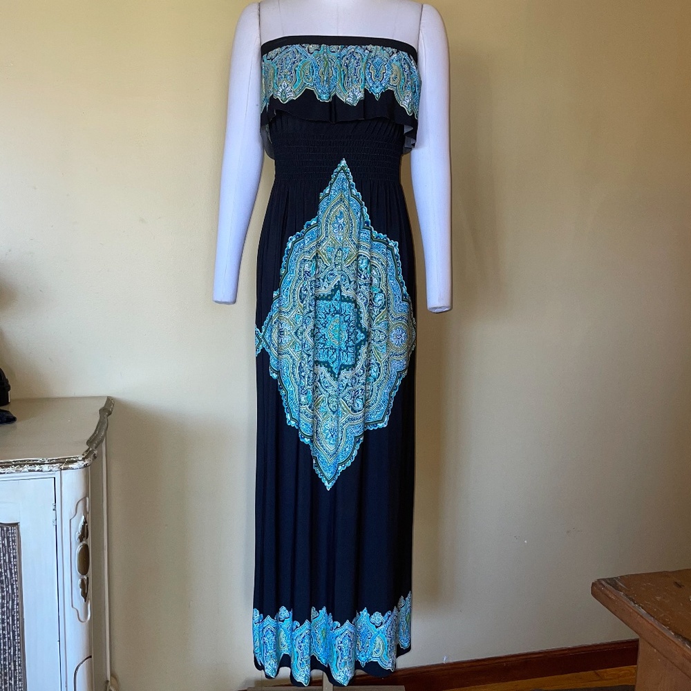 B Darlin Black Teal Green Blue Boho Mandela Strapless Flonce Maxi Dress